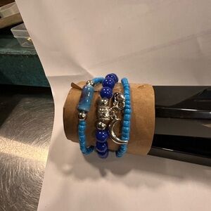 Handmade Blue Beaded Bracelet Set with Silver Accents